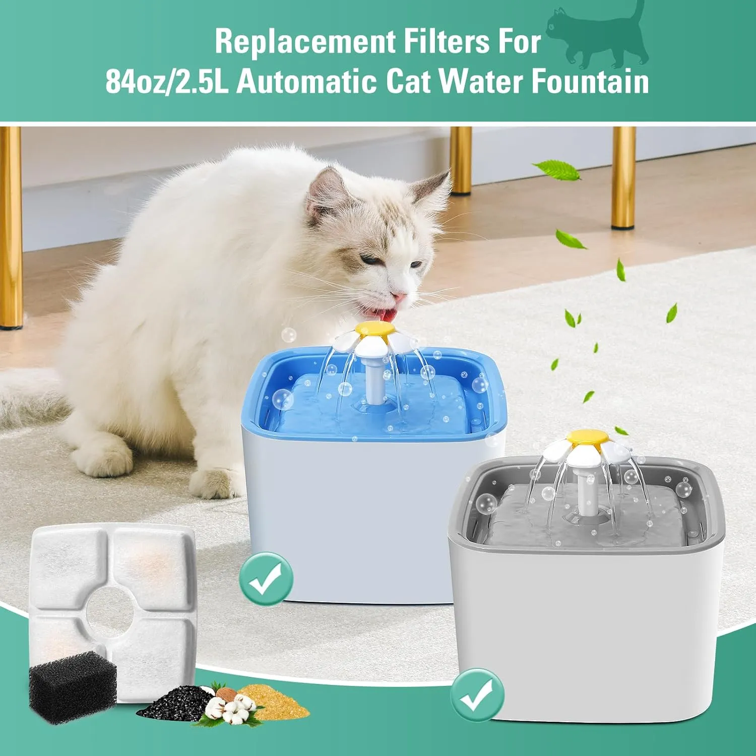 4 Pack Replacement Filters & 4 Pack Pre-filter Sponges for 84oz/2.5L Automatic Pet Fountain, BFLICROY Cat Water Fountain Filter, Triple Filtration Pet Fountain Replacement Filters