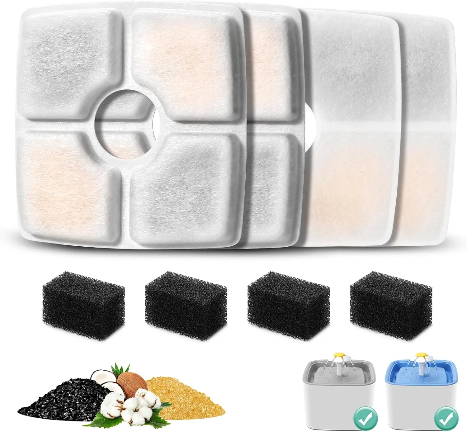 4 Pack Replacement Filters & 4 Pack Pre-filter Sponges for 84oz/2.5L Automatic Pet Fountain, BFLICROY Cat Water Fountain Filter, Triple Filtration Pet Fountain Replacement Filters