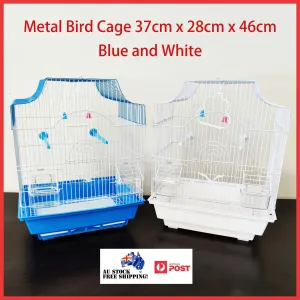 Bird Cage Small Medium Metal Frame Square Roof White Blue 37cm x 28cm x 46cm