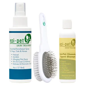 Epi-Pet Small Basic Skin & Coat Care Kit 4 oz. Coat Enrichment Spray(Unscented), 8 oz. Shampoo(Lavender Scented)  & Pet Double Sided Application Brush for Dogs & Cats