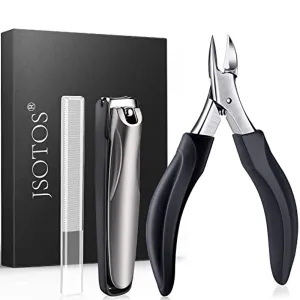 JSOTOS Nail Clippers Set, Stainless Fingernail Clippers and Toenail Clippers Set, Ingrown Toe Nail Clippers Adult Thick Nails Long Handle for Men Women Seniors (3Pcs)
